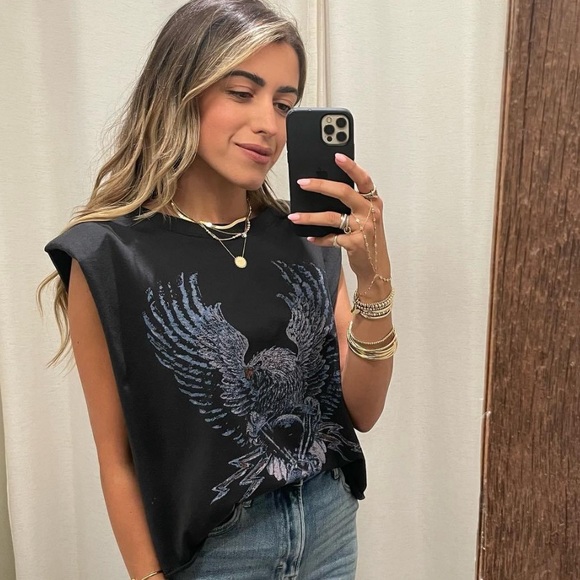 Project Social T Washed Black Eagle Rocker Shoulder Pad Muscle Tee XS-Small - Picture 4 of 12